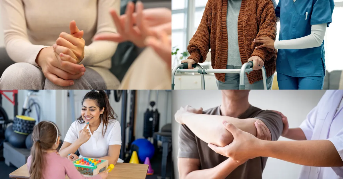 Collage of allied health disciplines including sign language, mobility support, paediatric therapy and physiotherapy