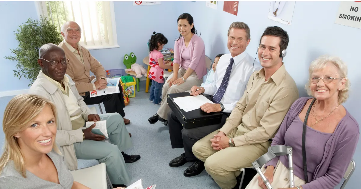 Diverse group of patients in a GP waiting room